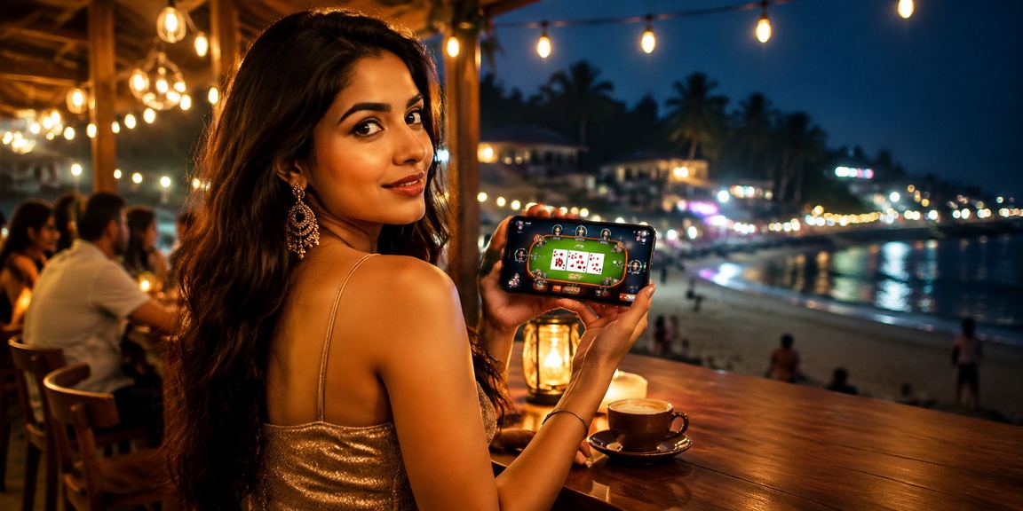 Indian young adults enjoying online casino games on beach
